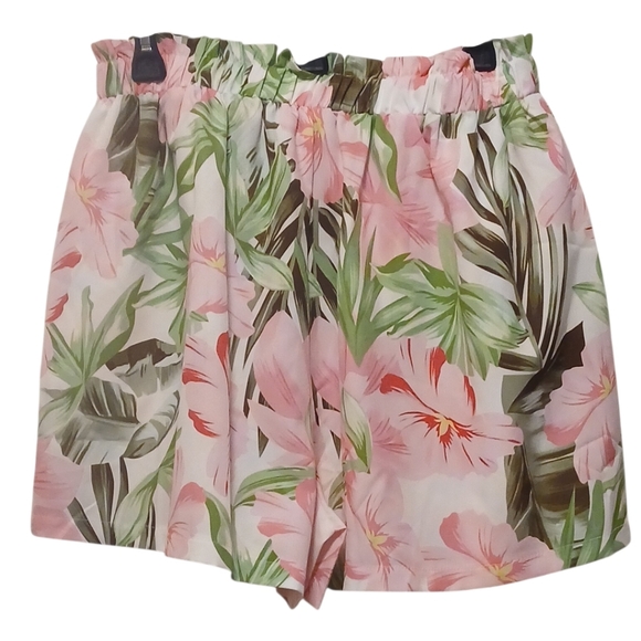 Tropical Floral Print Shorts, Elastic Waist W/ Drawstring, Front Pockets, - Picture 3 of 6